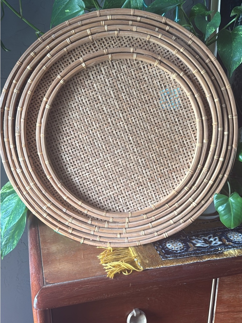 Vintage handwoven Natural Rattan nesting trays  - Tan